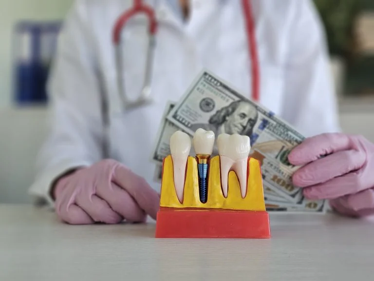 Dentist examines dental implant model and cash
